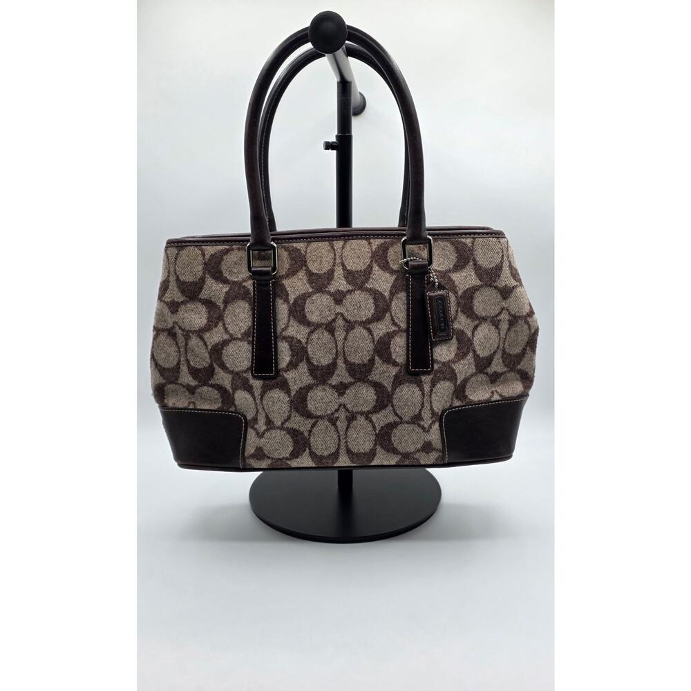 Vintage Coach FJ7721 Signature Wool Tote Brown Leather Handbag - Picture 2 of 16